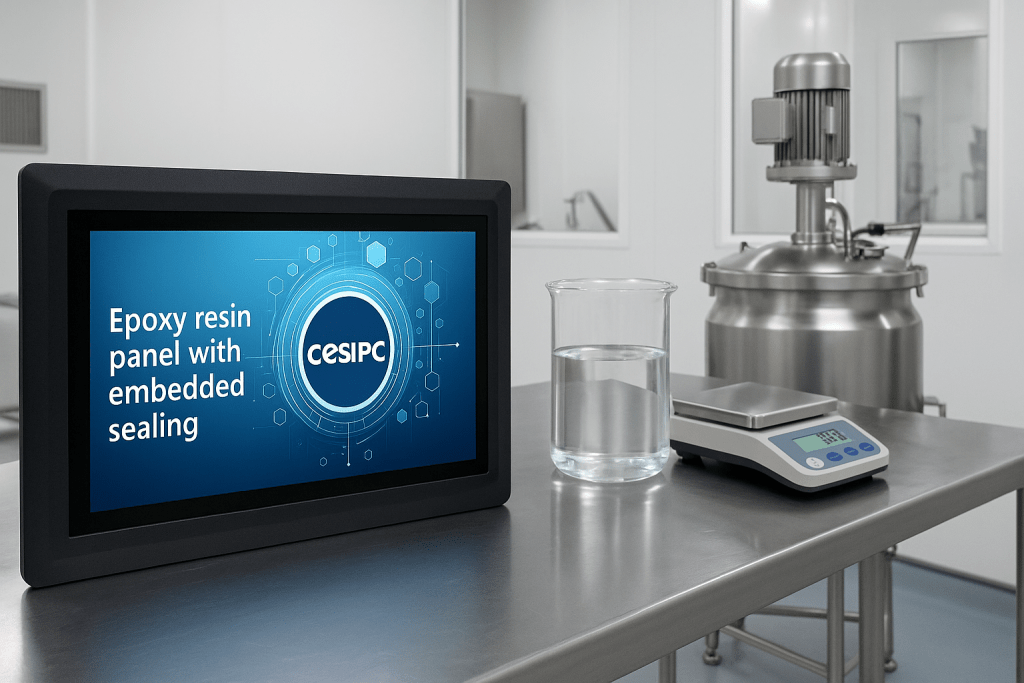 Industrial panel PC for pharmaceutical environments with an epoxy resin front panel and integrated embedded sealing