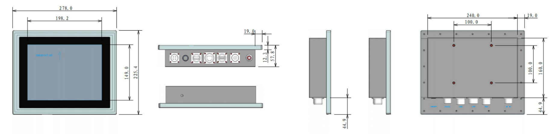 CESIPC UTC-S10X1G six-view drawing of the 10-inch IP69K panel PC