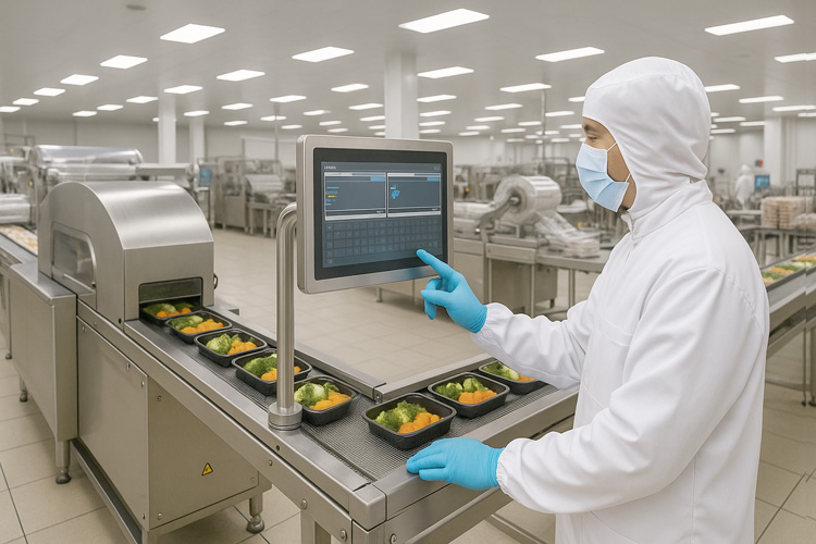 Stainless-steel panel PC in a central-kitchen vegetable processing area